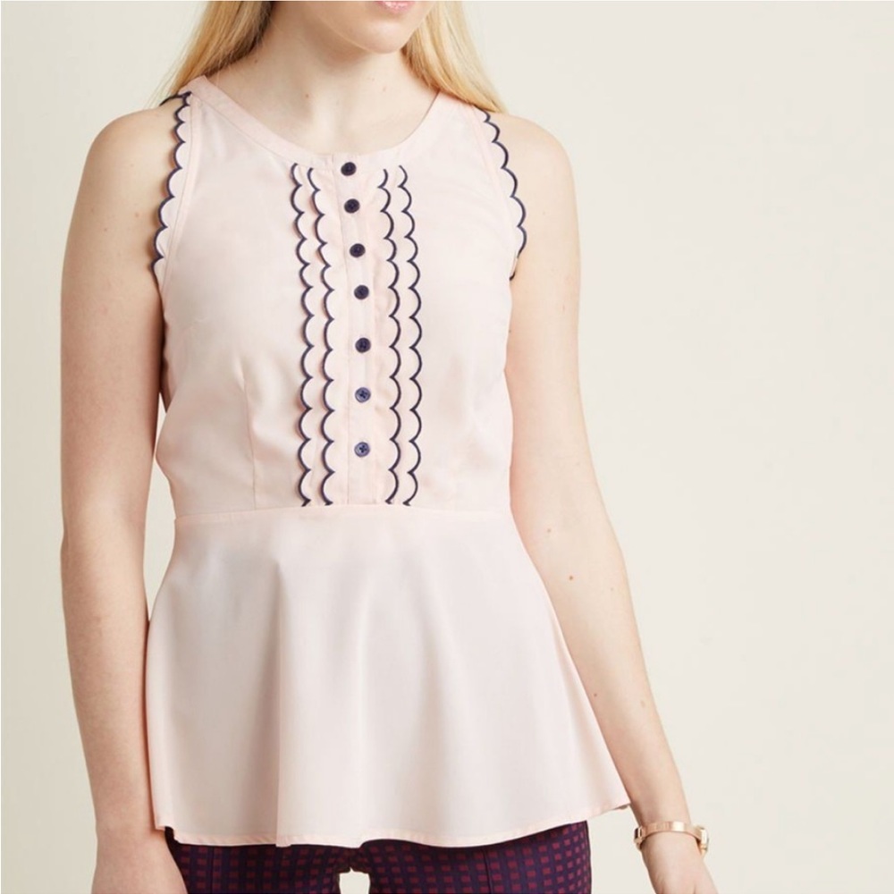 Modcloth Pale Pink Peplum Top with Navy Trim